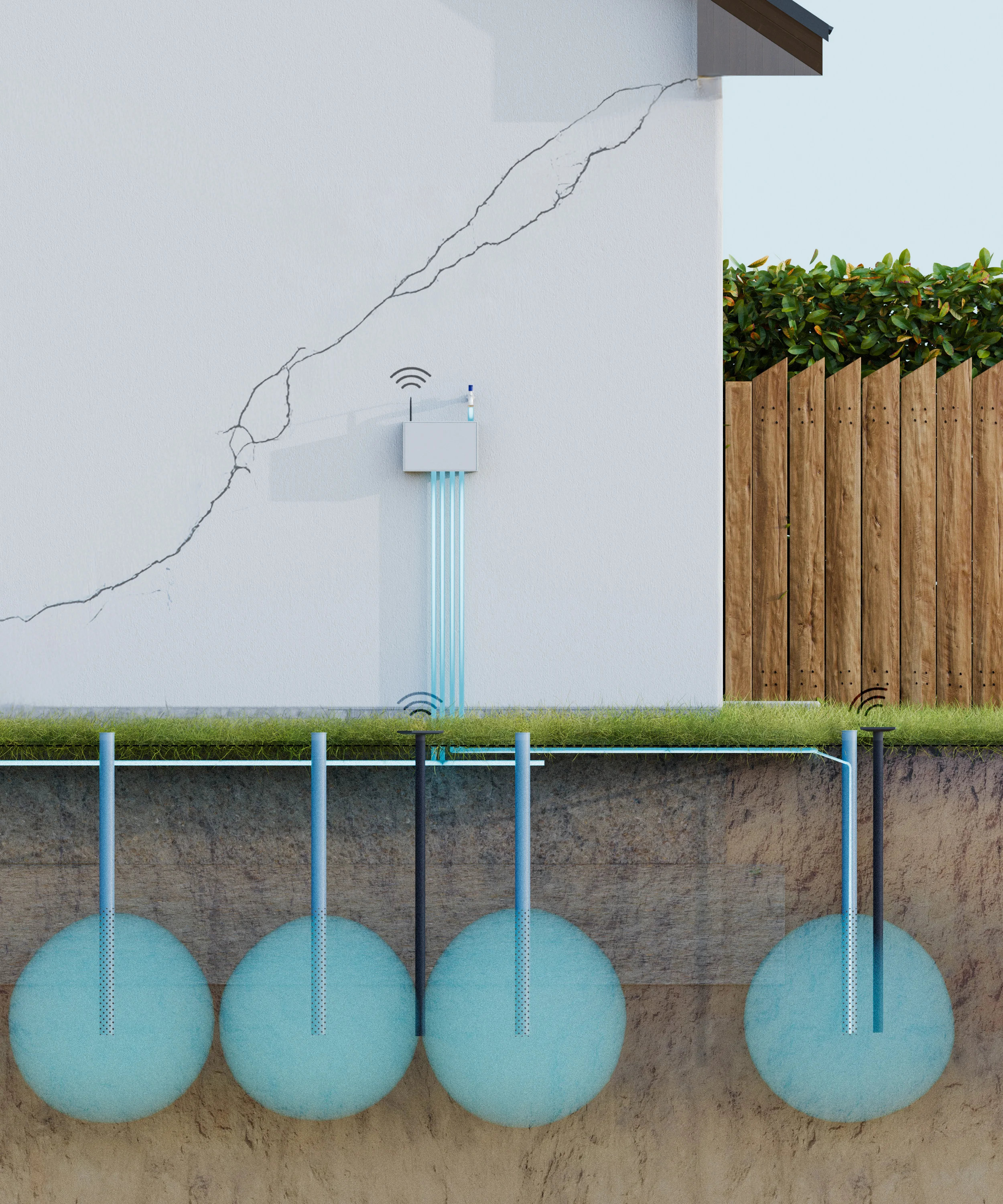 Vue en coupe technique du système TerraStab - Détail de l'installation souterraine avec capteurs et système d'irrigation